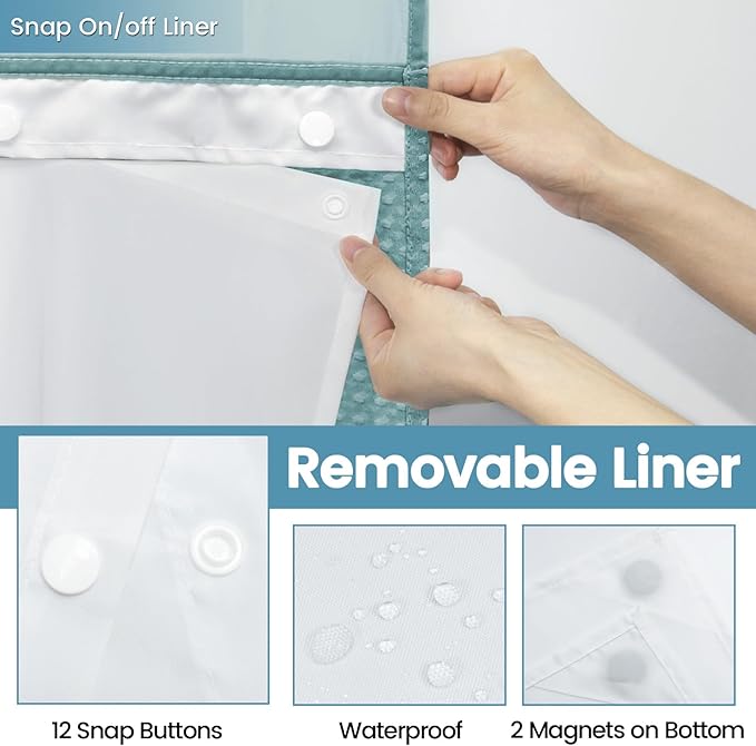 Teal No Hook Shower Curtain with Snap in Liner,230GSM Waffle Weave Shower Curtains for Bathroom,71W x 74H