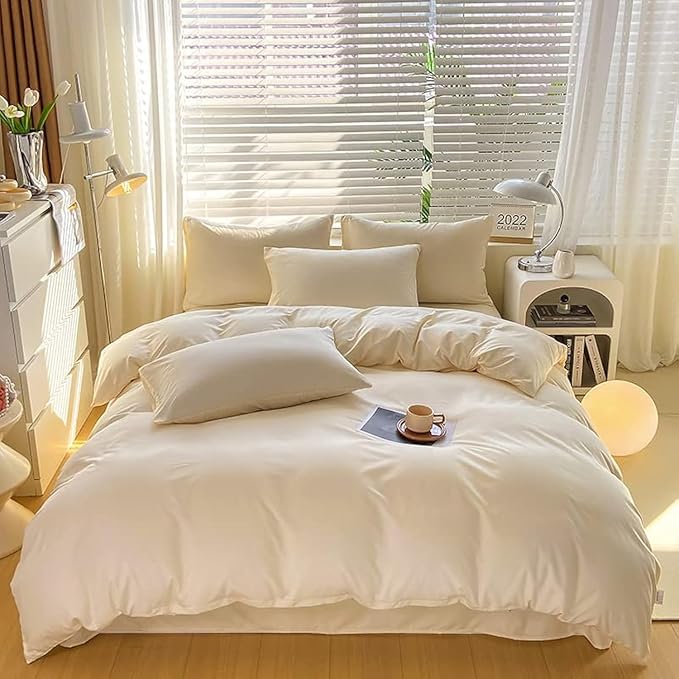 Cottonight Cream White Comforter Set Full Ivory White Bedding Comforter Set Beige White Solid Blanket Quilts Modern Soft Breathable Ivory 3 Piece Off White Bedding Set for Women Men