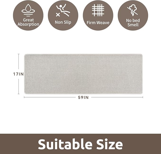 AMOAMI Chenille Bath Mat Super Absorbent Bathroom Mat Quick Dry Low Pile Bath Mats for Bathroom Washable Rubber Backed Bathroom Runners Fit Under Door, Front of Bathtub, Sink, Beige&White 17"x59"