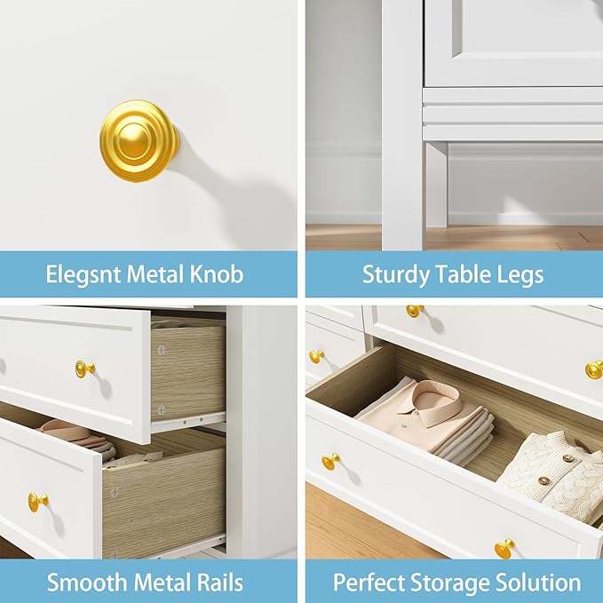 CARPETNAL White Dresser for Bedroom, 55 Inch 6 Drawer Dresser with Wide Drawer and Gold Handles, Woode Dressers & Chests of Drawers for Hallway, Entryway.