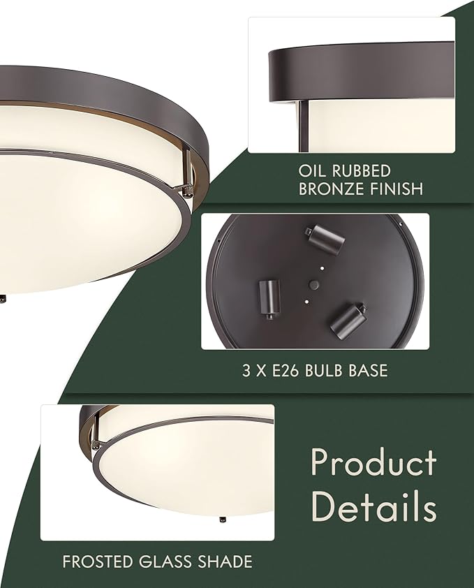 16 inch Flush Mount Ceiling Light, 3-Light Close to Ceiling Light Fixtures with Oil Rubbed Bronze Finish for Bathroom Bedroom Kitchen Hallway, CL4822-3W-BK