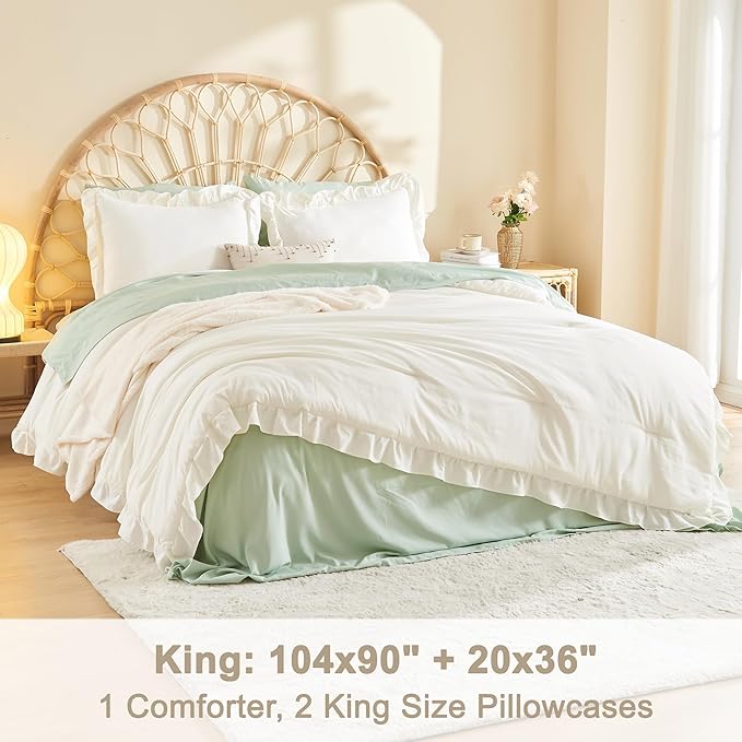 Litanika King Comforter Set Ivory, 3 Pieces Ruffle Farmhouse Aesthetic Bedding Comforter Set, Lightweight Fluffy Microfiber Bed Set (104x90In Comforter, 2 Pillowcases)