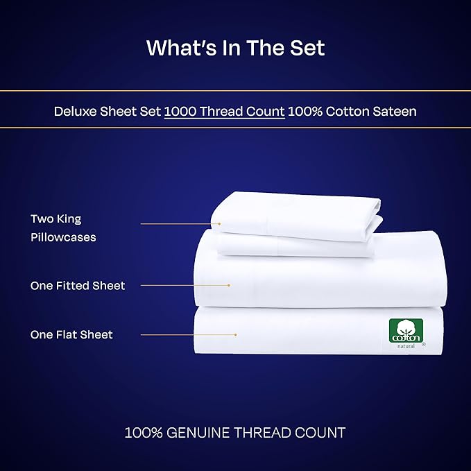 California Design Den California King Sheet Sets - Luxury 1000 Thread Count Sateen, Thick and Natural 100% Cotton Sheet Set, Deep Pockets, Soft, Breathable and Durable Bedding - White