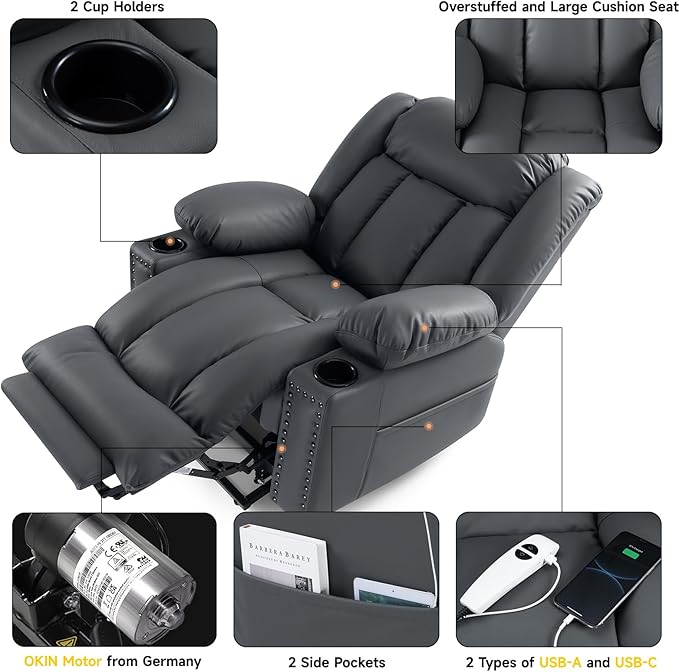 Large Power Lift Chairs Recliners for Big and Tall Elderly, 3 Position Lift Recliner Chair with Extended Footrest, Heating and Massage, USB-A USB-C, Cup Holder, Side Pocket, Grey