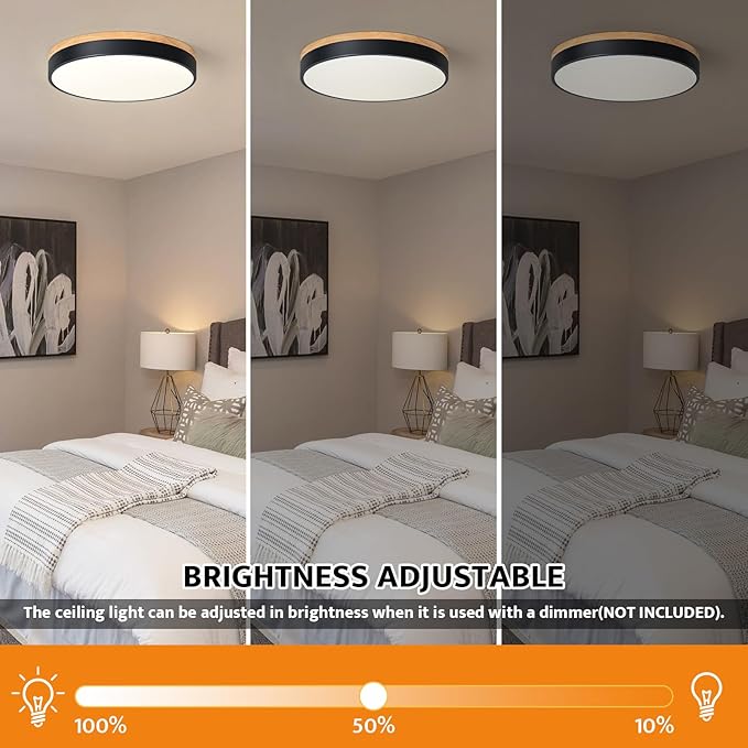 Dimmable Wood LED Flush Mount Ceiling Light, 5CCT 2700K-6000K Modern Black Close to Ceiling Lighting Fixtures, Minimalist Round Ceiling Lamp for Living Room, Bedroom, Laundry Room