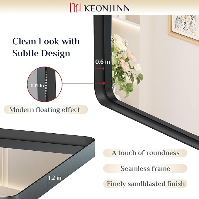 Keonjinn Black Bathroom Mirror for Over Sink, 16 x 20 Inch Rounded Rectangle Bathroom Vanity Mirror, Matte Black Farmhouse Mirror for Wall, HD Tempered Glass, Seamless Aluminum Alloy Frame Mirror