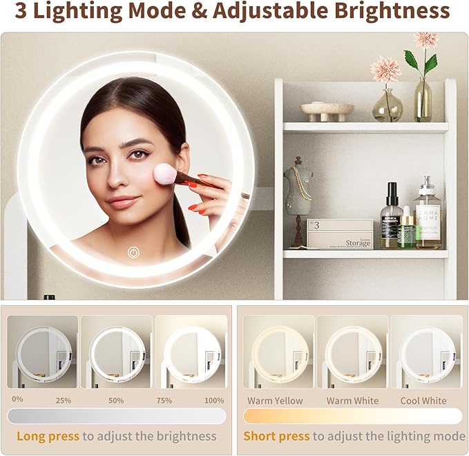 Small Vanity Desk with Mirror and Lights, Makeup Vanity Table with LED Mirror, 3 Lighting Modes, Power Outlet, Drawer, Open Shelves and Cushioned Stool for Bedroom (White)
