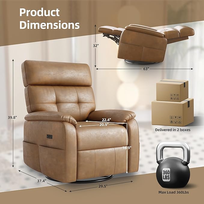 Claiks Power Swivel Rocker Recliner Chair, Oversized Recliner Chairs for Adults, PU Leather Overstuffed Reclining Chair with USB and Type-C Ports for Living Room, Brown
