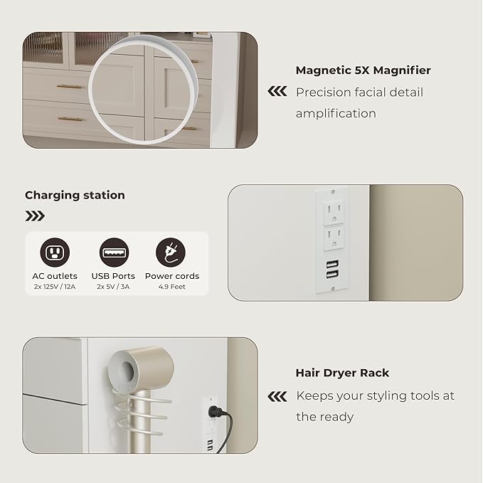 39" Vanity Desk with Mirror and Lights, 5 Drawers Makeup Vanity Desk with Tempered Glass top, 3 Lighting Modes Adjustable Brightness, White Vanity with Magnetic 5X Magnifier for Bedroom