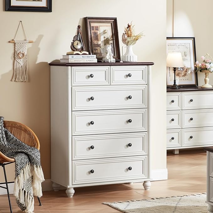 Farmhouse Dressers & Night Stand Set of 3, Wood 54" Wide 6 Drawer Dresser & 43.5"Tall Chest of Drawers, 18" with Charging Station Nightstand, Bedroom Furniture Dresser Set for Home Living Room Hallway