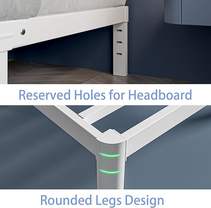 White Full Size Bed Frame 12 Inch, Metal Full Bed Frame No Box Spring Needed, Heavy Duty Steel Support 3500 LBS, DIY Headboard, Noiseless, Round Corner Legs, Storage Space, Easy Assembly