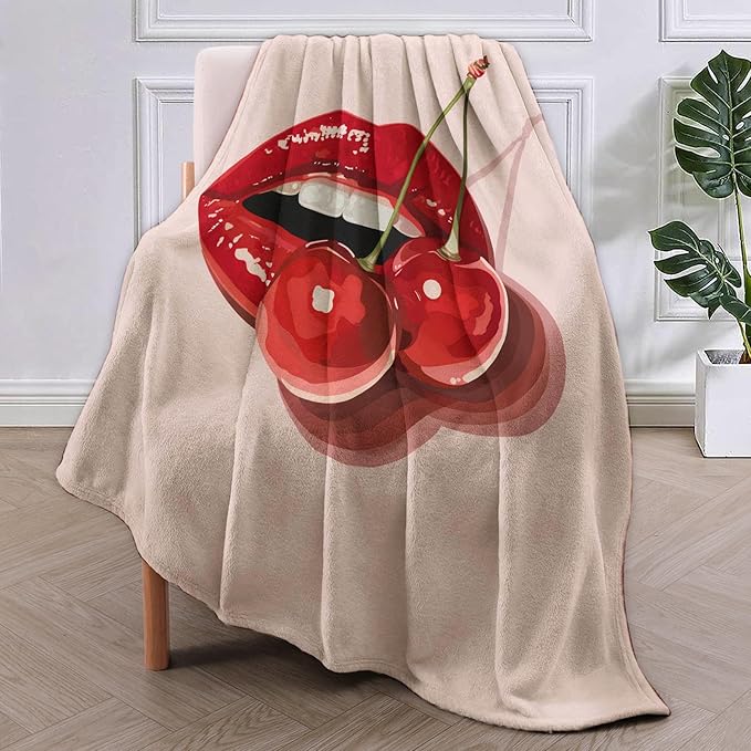 Cherry Lips Flannel Blanket, Pop Art Cherry Gifts, Cherry Blanket for Women, Soft Lightweight Throw Blankets for Bed Home Travel Decor 50" x 60"