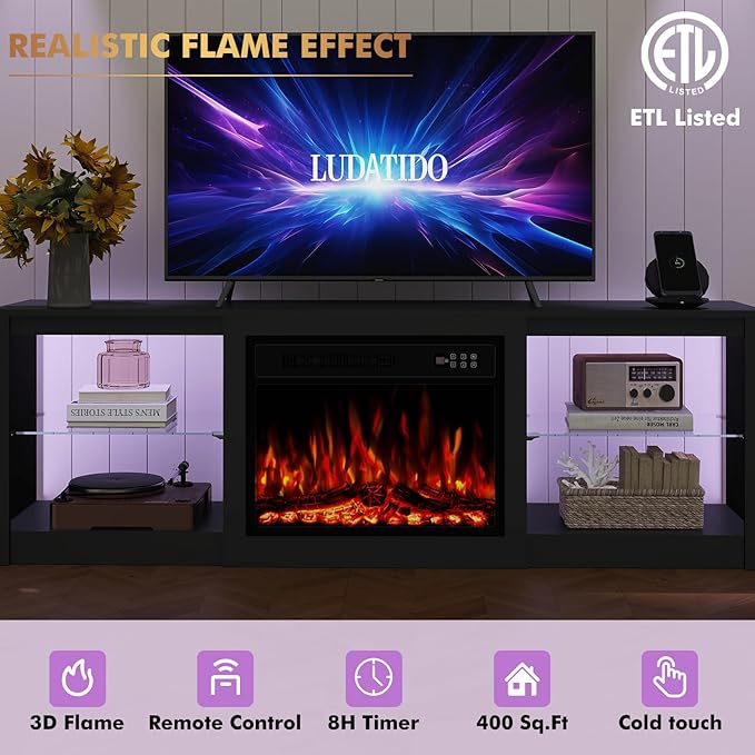 Ludatido 70 Inch Fireplace TV Stand with 23" Fireplace Insert, Entertainment Center with 14-Color LED Lights, Open Storage, Adjustable Glass Shelves, Black TV Stand for Living Room Fits up to 80" TVs