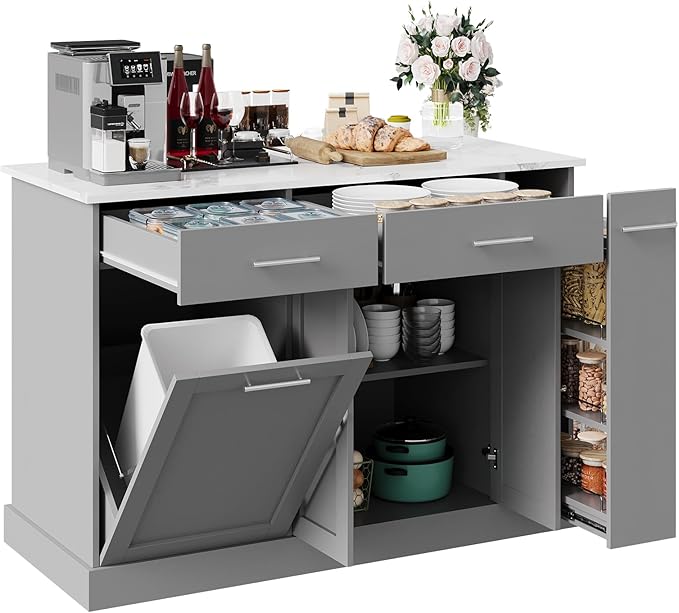 4 EVER WINNER Kitchen Island with Trash Can Storage, Kitchen Islands on Wheels with Marble Countertop, Portable Island Cart for Kitchen, Gray