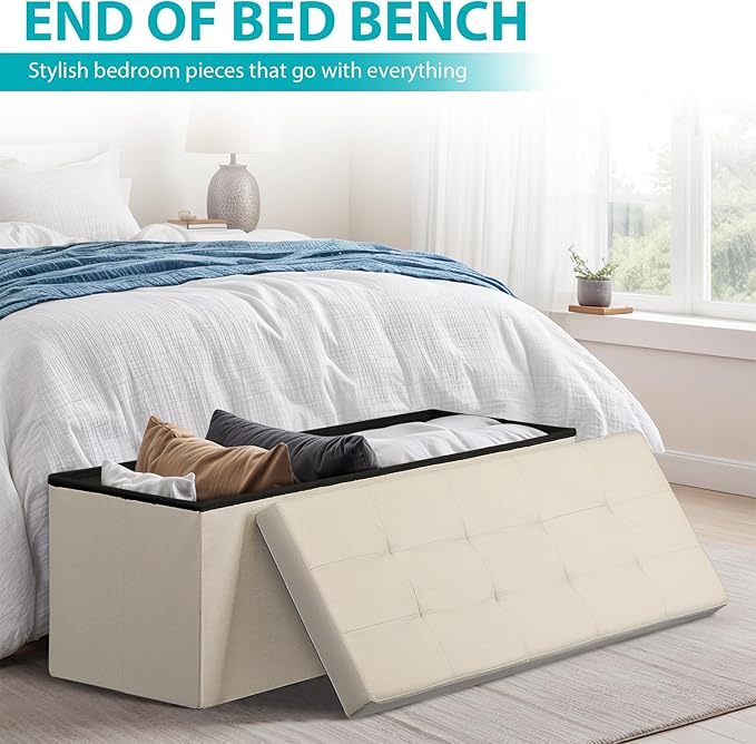 SUPER DEAL Storage Ottoman Bench, 43 Inches Folding Ottoman Foot Rest, Storage Chest with Padded Seat, End of Bed Bench for Living Room Bedroom Entryway, Load 660 lbs, 15" x 43" x 15" Beige