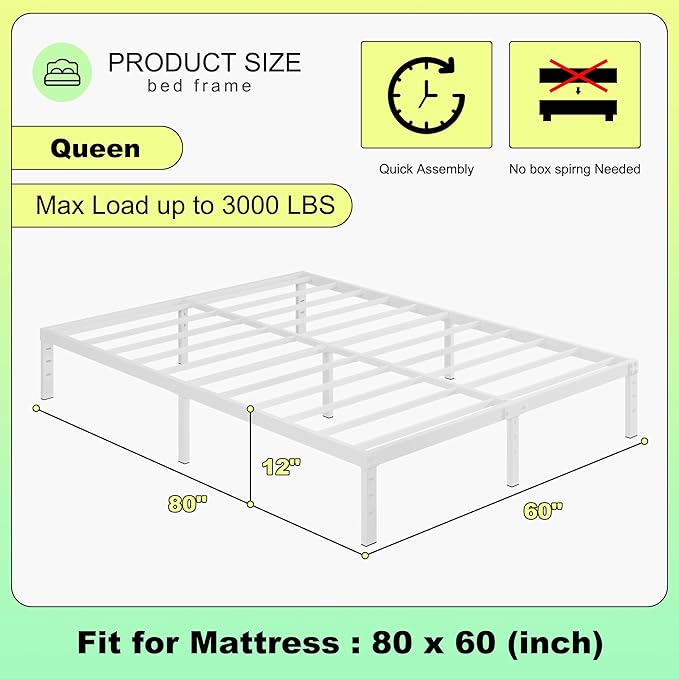 12 Inch Bed Frame Queen Size, Heavy Duty Steel Queen Bed Frame No Box Spring Needed, Mattress Foundation, Easy Assembly, Noise-Free,White