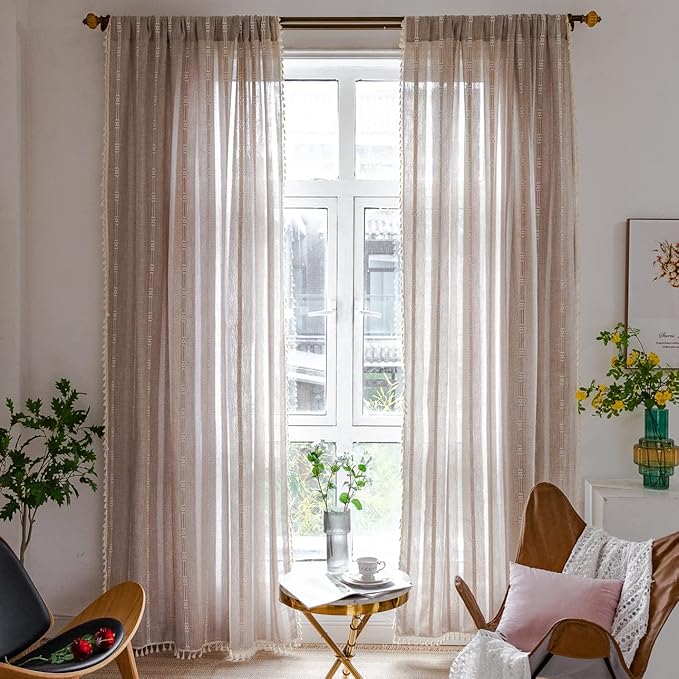 Linen Curtains 108'' Long for Living Room 2 Panels Set, Embroidery Curtains Tassel Boho Curtains for Bedroom Light Filtering Window Curtains Rod Pocket Drapes (52'' W x 108'' L,Khaki)
