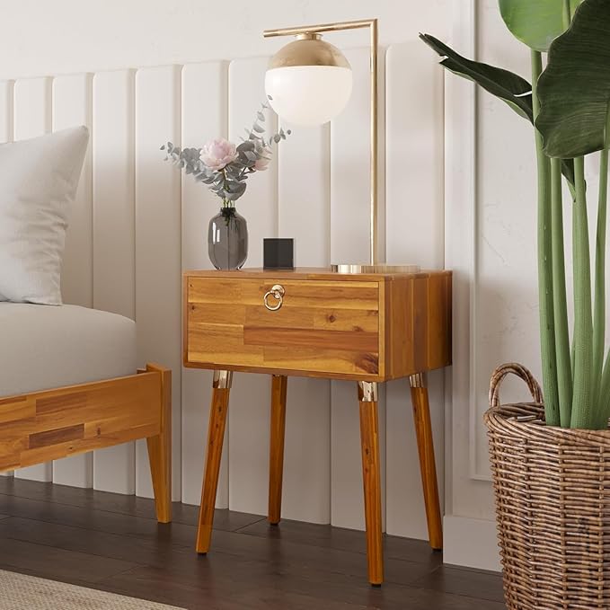 Bme Alden Solid Wood Nightstand/Side Table/End Table, Fully Assembled, with 1-Drawer for Mid Century Bedroom and Living Room, (12mm), Caramel