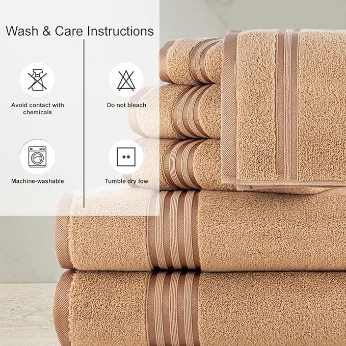 CASA COPENHAGEN Zero Twist, 6 Pieces Set 100% Cotton 0" Twist Towel Set- Beige, 600 GSM, 2 Bath, 2 Hand, 2 Washcloths Made from Egyptian Cotton, Ultra Soft Luxury Towels for Bathroom.