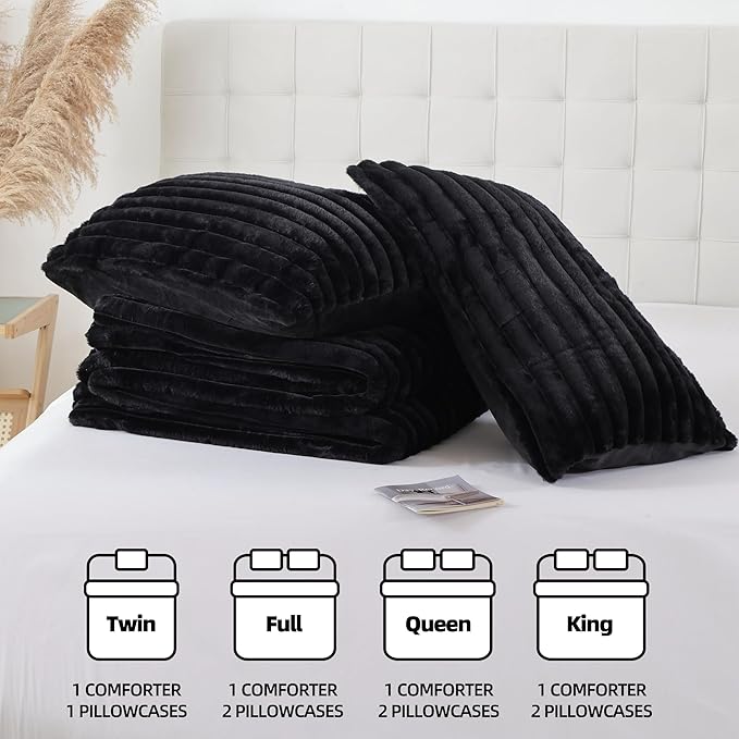 Smoofy Fluffy Queen Comforter Set 3 Pieces - Black Fleece Fluffy Comforter Set, Luxury Fuzzy Queen Bedding Set, Soft Warm Bed Set All Season, Heavy Faux Fur Comforter with 2 Pillow Cases