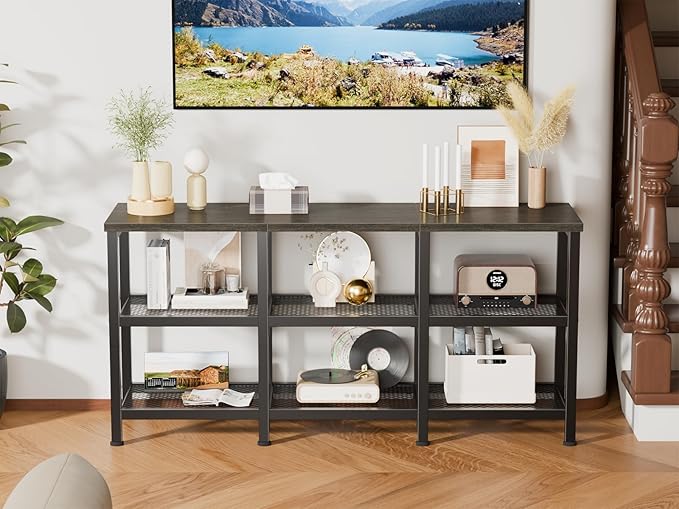 Furologee TV Stand, 43 Inch Entertainment Center with 3-Tier Storage Shelves, Industrial Media Console Table for TVs up to 50 Inch, Television Stands for Living Room, Bedroom, Light Black Oak