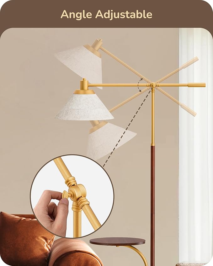 EDISHINE 68" Arc Floor Lamp with Table, Vintage Standing Lamp for Living Room with Tray, Tall Reading Lamp, Beige Shade, Adjustable Arm, Remote Dimmable Bulb Included, for Bedroom Office, Wood Grain