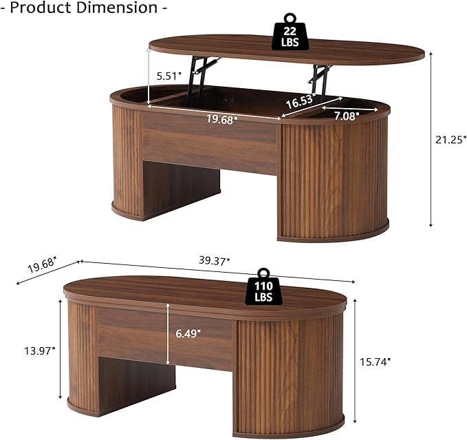 QHITTY Fluted Coffee Table with Lifting Top, Oval Wood Lift Top Coffee Table with Hidden Compartment, Mid Century Pull up Center Tables for Living Room, Office - Walnut