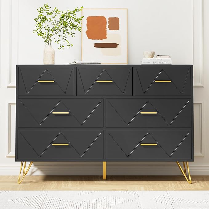 Black Dresser for Bedroom, 7 Drawer Dresser with Golden Handles, Wood Modern Chest for Hallway, Entryway