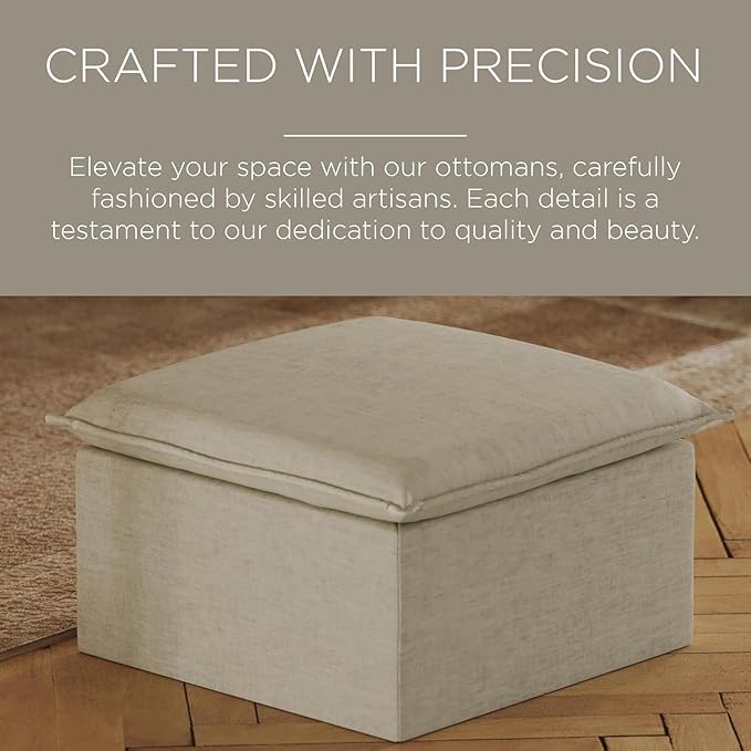 Maven Lane Claude Large Square Rustic Upholstered Ottoman, Cushioned Footrest for Living Room Couch, Chair, or Dorm Room in Dove Fabric Upholstery