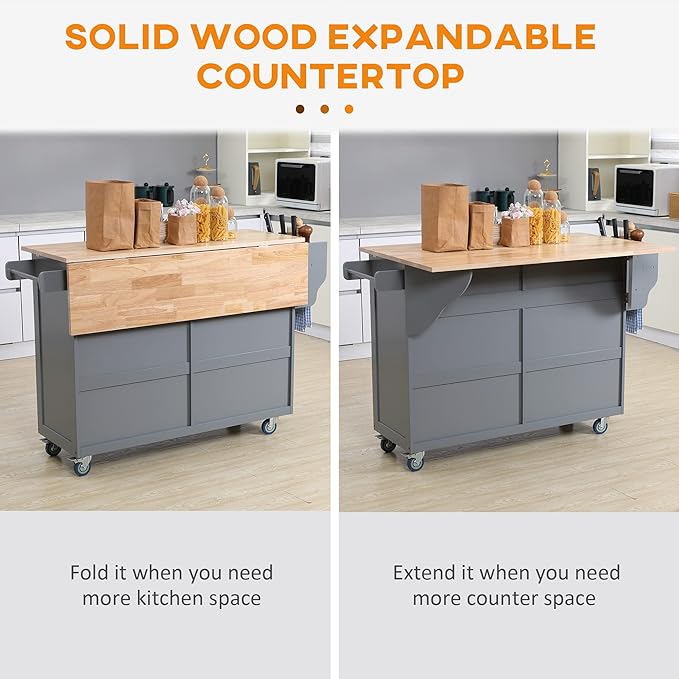 HOMCOM Rolling Kitchen Island Cart with Drop Leaf, Kitchen Cart on Wheels with Rubber Wood Top, 2 Drawers and 2 Storage Cabinets, Island Table for Kitchen, Dining Room, Dark Gray