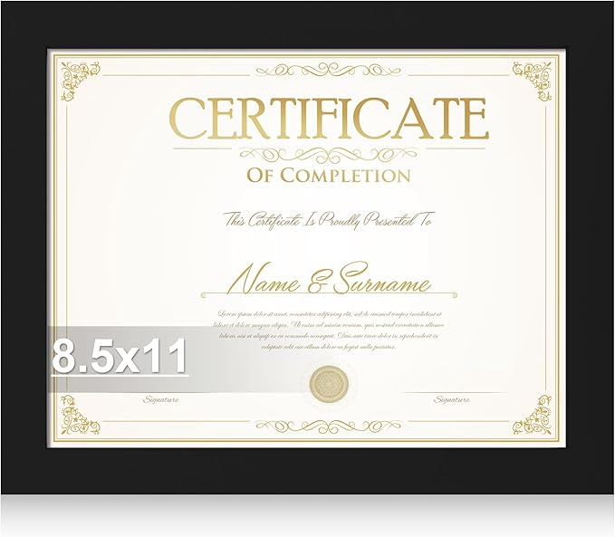 8.5 by 11 Diploma Picture Frame, Made of Real Glass and Wooden Certificate Frame, Horizontal and Vertical Display for Wall or Tabletop (Black, 1Pack)