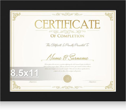 8.5 by 11 Diploma Picture Frame, Made of Real Glass and Wooden Certificate Frame, Horizontal and Vertical Display for Wall or Tabletop (Black, 1Pack)