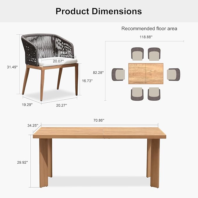 PURPLE LEAF 7 Pieces Outdoor Dining Set Patio Table and Chairs Set Aluminum Wicker Rattan Patio Furniture Set for Lawn Garden Porch Teak