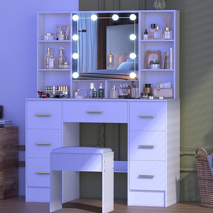 White Vanity Desk with Lighted Mirror, Large Makeup Vanity Table with Drawers and Chair, Bedroom Dressing Table Set for Teen Girls and Adult Women