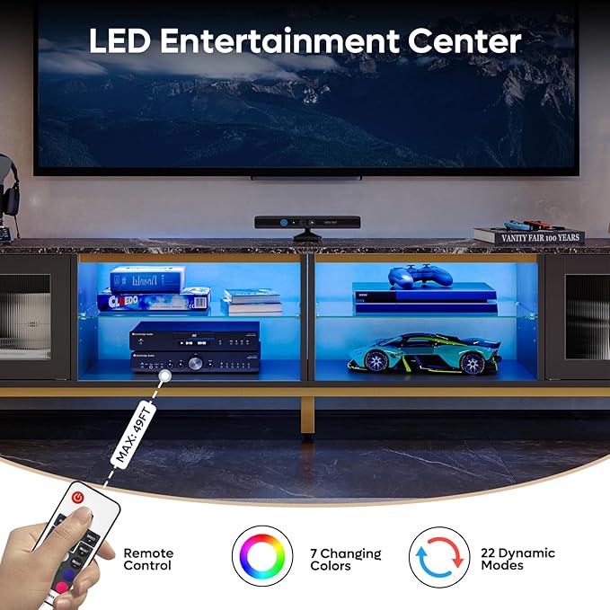 Bestier 80 Inch TV Stand for 75/85/86/90 inch TVs, 4 in 1 LED Entertainment Center with 2 Storage Cabinets, Modern TV Console with Adjustable Shelves for Living Room Bedroom, Black Marble