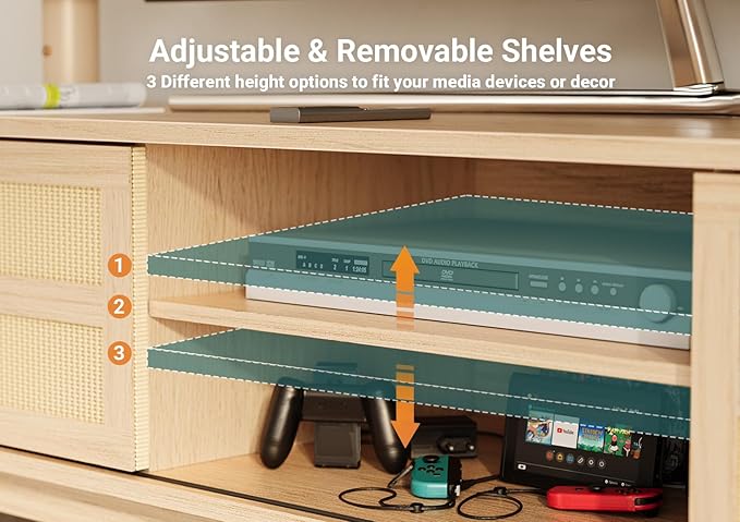 Claiks Boho TV Stand for 70 Inch TV, Modern TV Console with 2 Rattan Storage Cabinets & Adjustable Shelf, Woven TV Stand for Living Room, Oak Color
