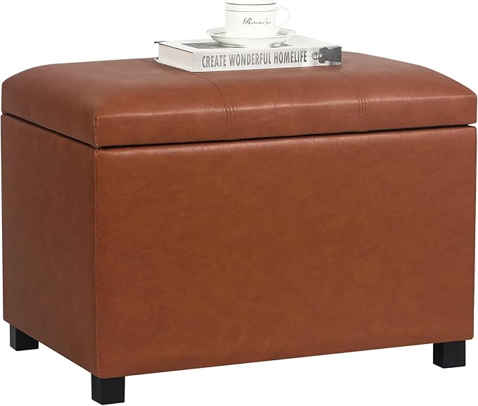 Asense 24'' Small Square Ottoman with Lift Off Lid, Storage Cube Leather Ottoman for Foot Rest, Footstool for Dorm, Living Room, Bedroom, Cognac Brown