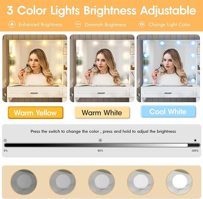 Fameill Vanity Desk with Mirror and Lights,Large Makeup Vanity with Glass top and Lots Storage,3 Drawer Vanity Set with Charging Station,3 Lighting Modes,White