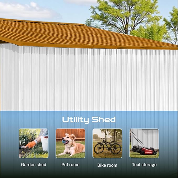 10 x 12 FT Outdoor Storage Shed, Metal Garden Tool Shed with Slooping Roof, Lockable Doors and Windows, Easy to Assemble for Garden, Patio, Lawn, White+Yellow