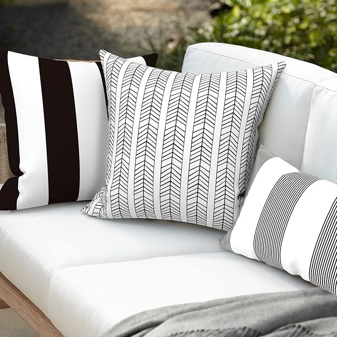 Pack of 2 Patio Throw Pillow Covers ONLY, Water Repellent Cushion Cases 20x20 Inch, Square Pillowcases for Outdoor Couch Decoration, HerringboneWhite