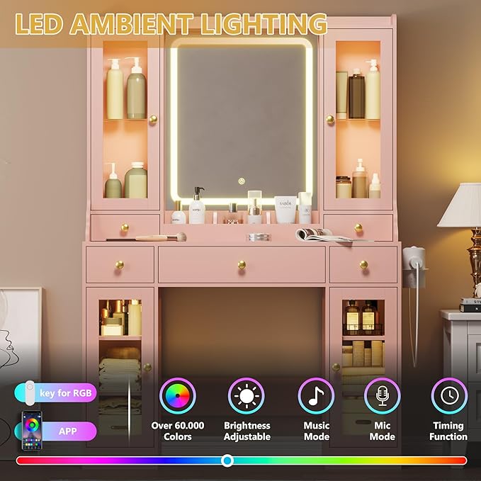 Vanity Desk with Mirror and Lights, Pink Makeup Vanity Table with 3 Modes & Adjustable Brightness, Glass Cabinets, Drawers, Outlet, Modern Dressing Table for Bedroom, Girls, Women, Teens