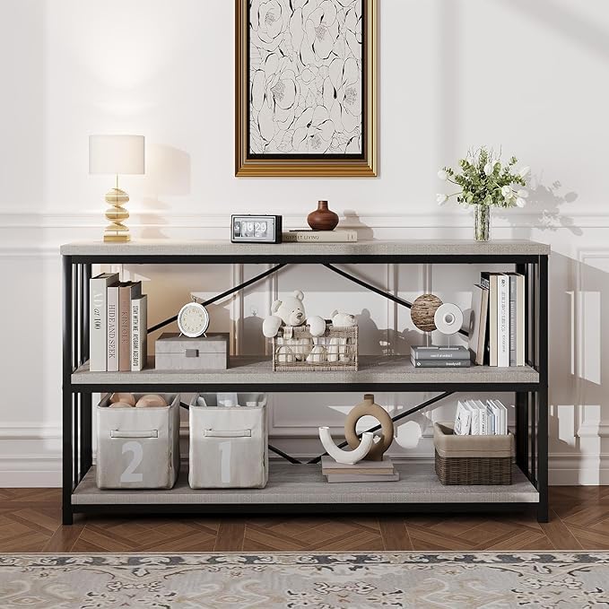 HSH Horizontal Bookshelf, Industrial Metal Wood Low Bookcase, Open 3 Tier Small Bookshelves with Storage for Living Room, Farmhouse Short Etagere Book Shelf for Office Bedroom, Light Grey Oak, 47 Inch