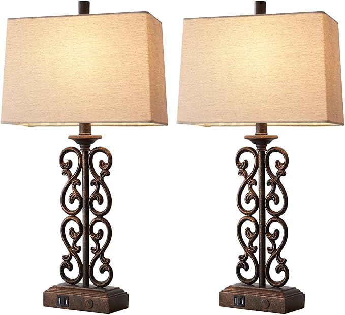 25" Set of 2 Farmhouse Resin Touch Table Lamps for Living Room, 3 Way Dimmable with Dual USB Ports Vintage Rustic Bedside Desk Lamp, for Bedroom End Table, 2 LED Bulbs Included