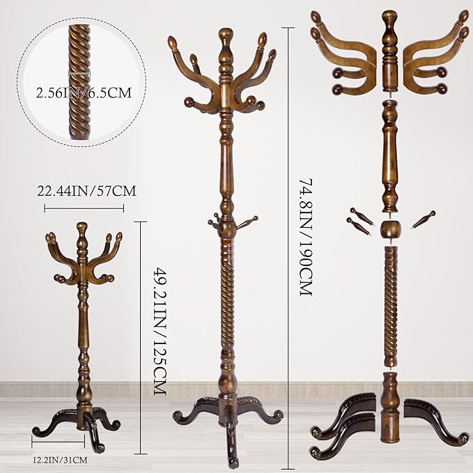 Coat Rack Stand, Solid Wooden Coat Tree with 11 Hooks, Heavy Duty Coat Rack Freestanding with Sturdy Round Base, Natural Birch Wood Coat Hanger Stand for Entryway Bedroom (brown Triangle)