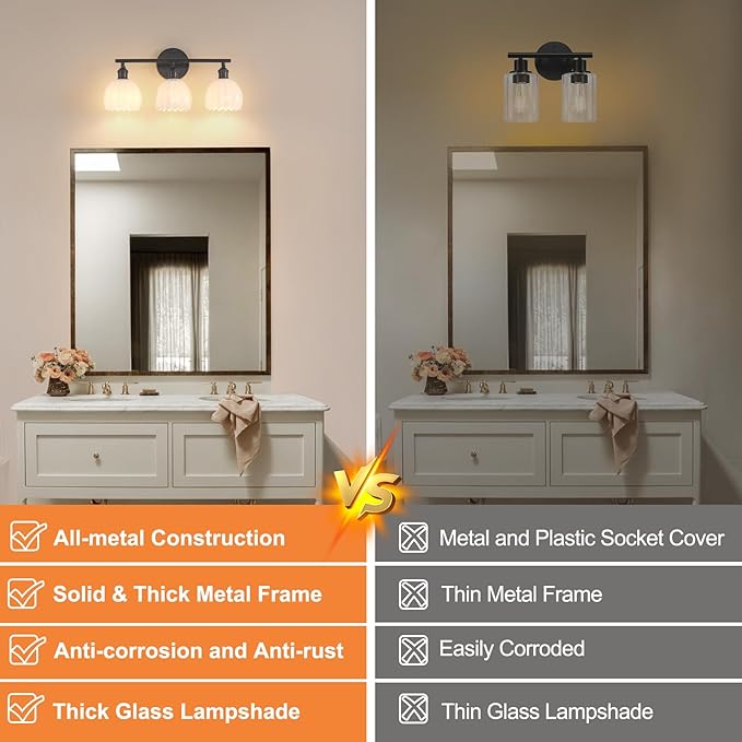 Bathroom Light Fixtures, 3-Light Black Vanity Wall Light Over Mirror with White Tulip Glass Shade for Bedroom Living Room