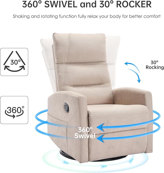 360° Swivel Recliner Chairs for Small Spaces, A Recliner with Side Pockets, Small Rocker Recliner for Living Room, Bedroom, Cream Recliner Chair for Adults