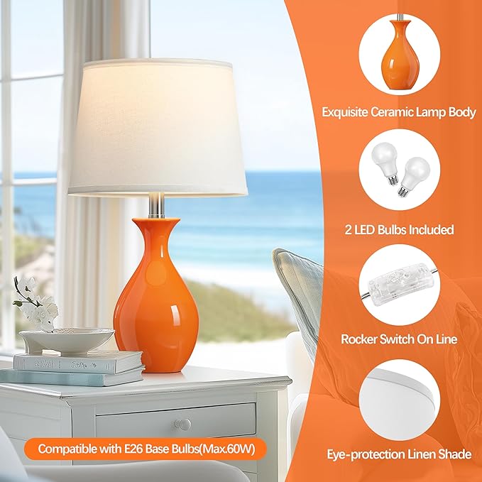 PARTPHONER Table Lamp Set of 2, Modern Ceramic Bedside Lamps for Night Stands, Classic Small Lamp Nightstand Lamp for Bedroom Living Room Desk End Table Rocker Swtich Orange