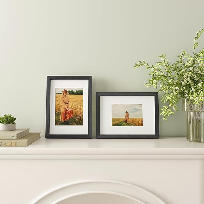 Egofine A4 Picture Frame Made of Solid Wood with Plexiglass, Display Pictures 4x6/6x8 with Mat or A4 Without Mat for Tabletop and Wall Mounting, Rustic Black