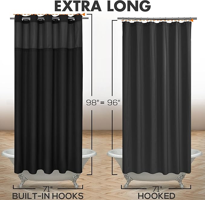 Extra Long No Hook Slub Textured Shower Curtain with Snap-in PEVA Liner Set - 71" x 98"(96"), Hotel Style with See Through Top Window, Black Fabric Curtain & Waterproof Liner, Black, 71x98