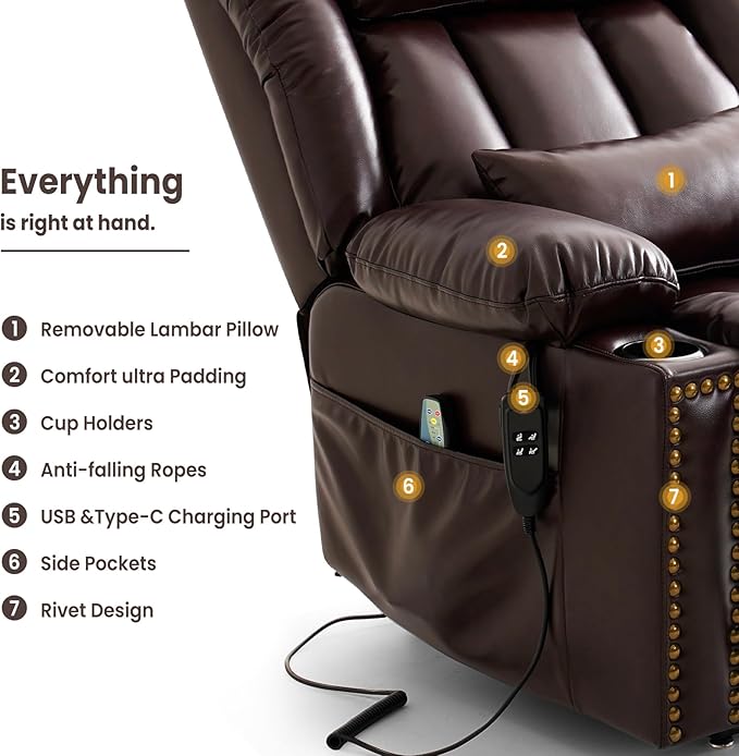 PARKOL Large Genuine Infinite Position Leather Power Lay Flat Lift Studded Recliner Chairs for Elderly, Dual Motor with Massage and Heating,Extended Footrest, USB&Type-C Port Remote,Cup Holder,Brown